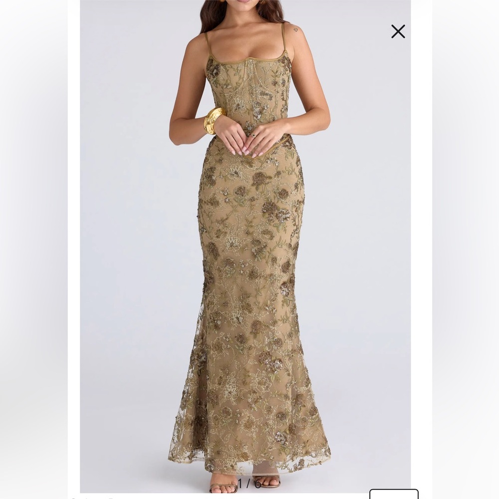 House of CB Olive Gold Embellished Maxi Dress